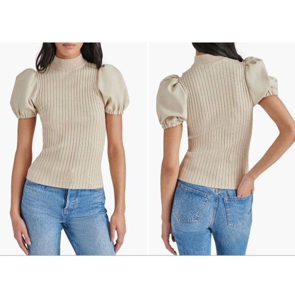 NWT Steve Madden Peggy Mixed Media Faux Leather Sleeve Sweater - Picture 1 of 4